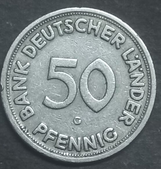 1949 G Germany 50 Pfennig coin. A woman planting an oak