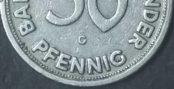 1949 G Germany 50 Pfennig coin. A woman planting an oak