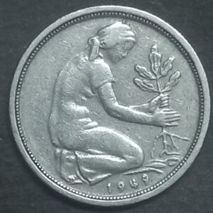 1949 G Germany 50 Pfennig coin. A woman planting an oak