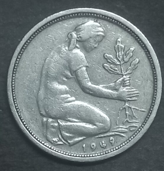 1949 G Germany 50 Pfennig coin. A woman planting an oak