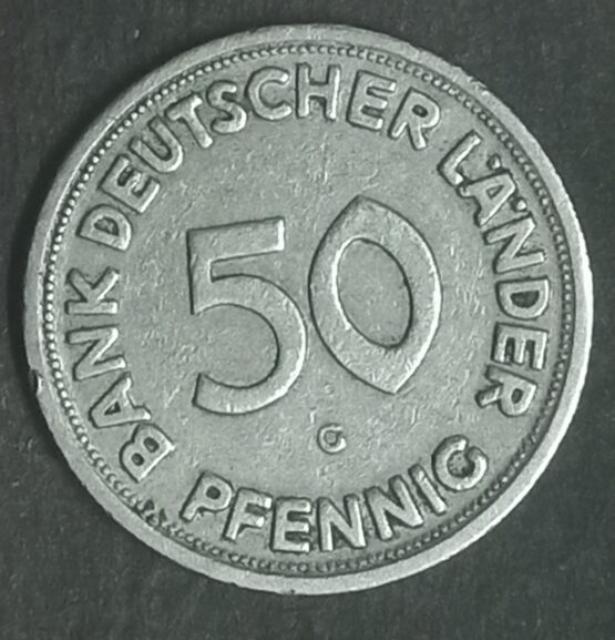 1949 G Germany 50 Pfennig coin. A woman planting an oak