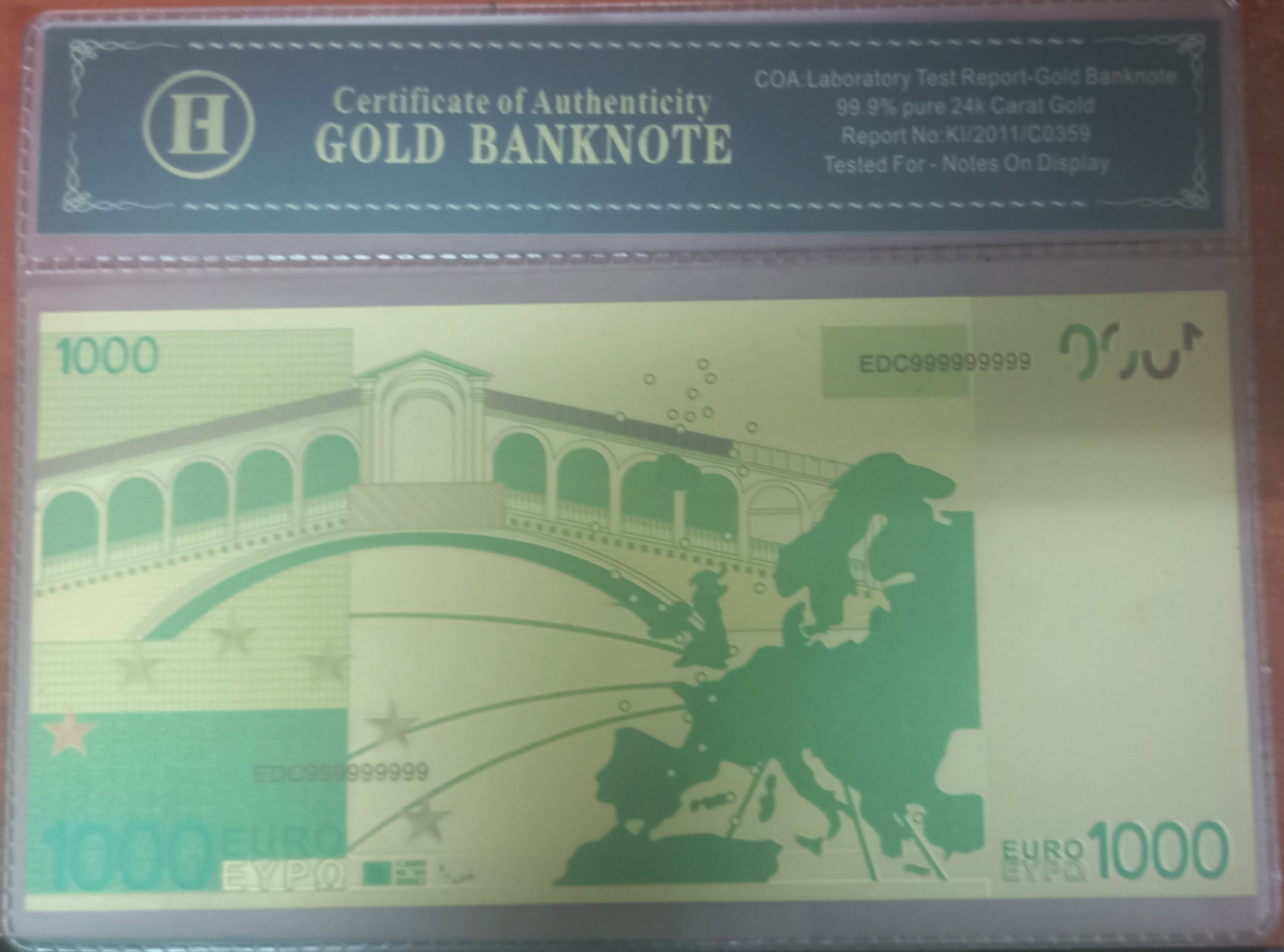1000 euro 99.9% pure 24k, gold Coating Foil