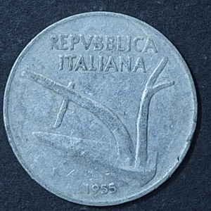 1955 Italy 10 Lire Coin – Plow Design – Aluminum